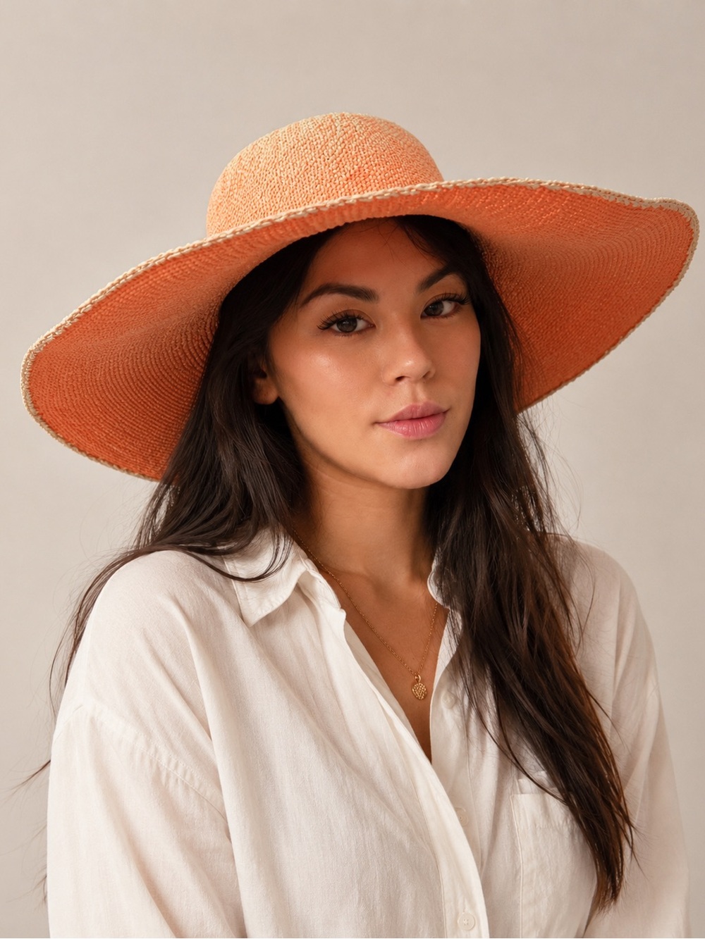 2 Wide Brim Sun Hats – Orange Straw + White Asymmetrical Hat | Size Small 54cm